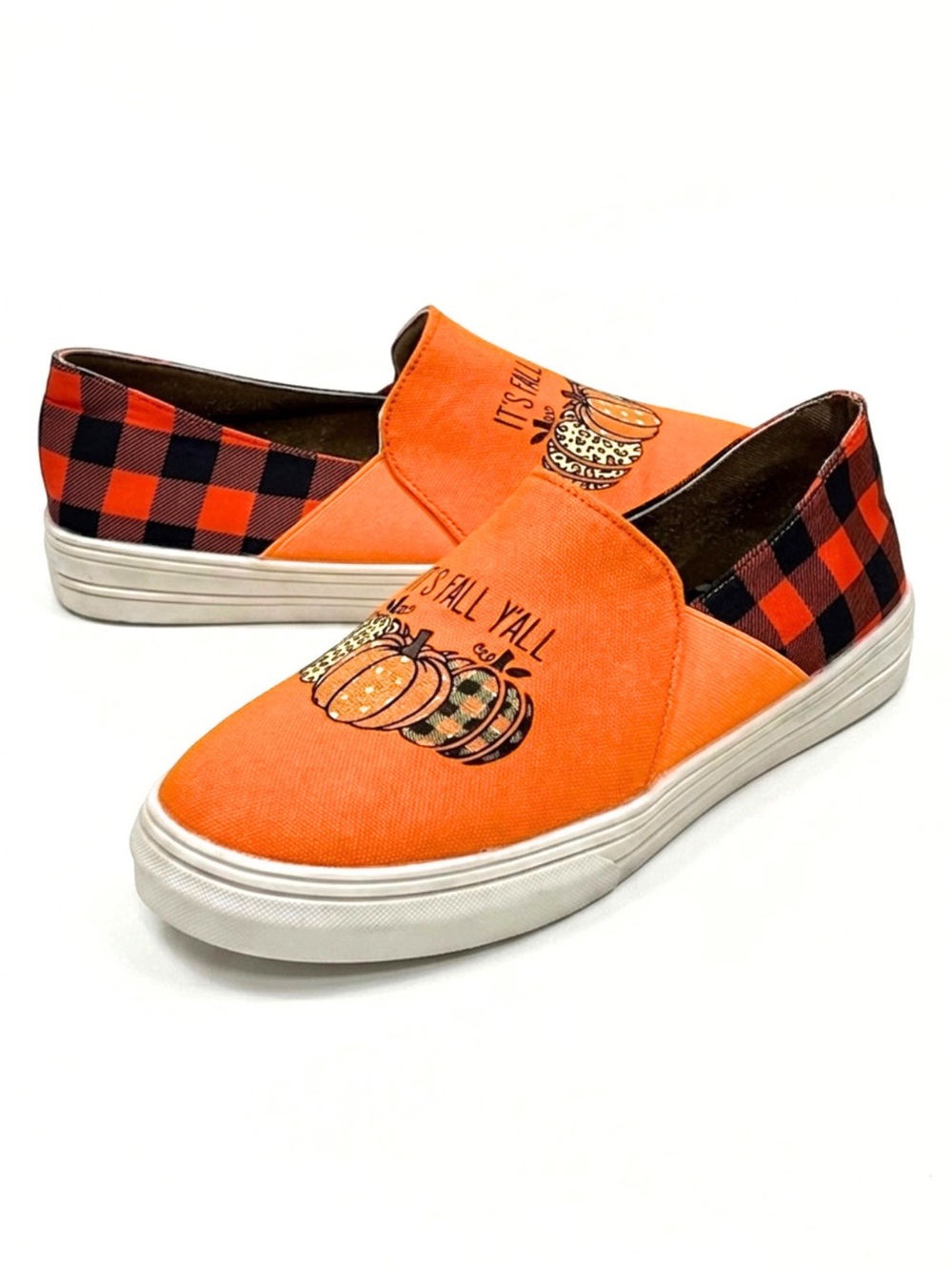 Orange Pumpkin “It’s Fall Y’all” Buffalo Plaid Canvas Slip On Sneakers Size 9.5